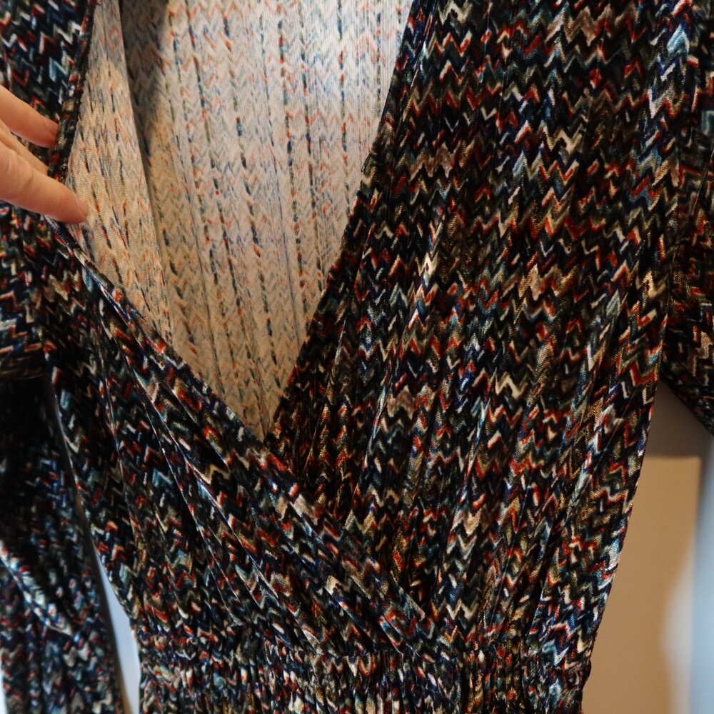 STRETCH VELVET VELOUR MAXI DRESS long faux wrap multicolor chevron print evening - Picture 7 of 11